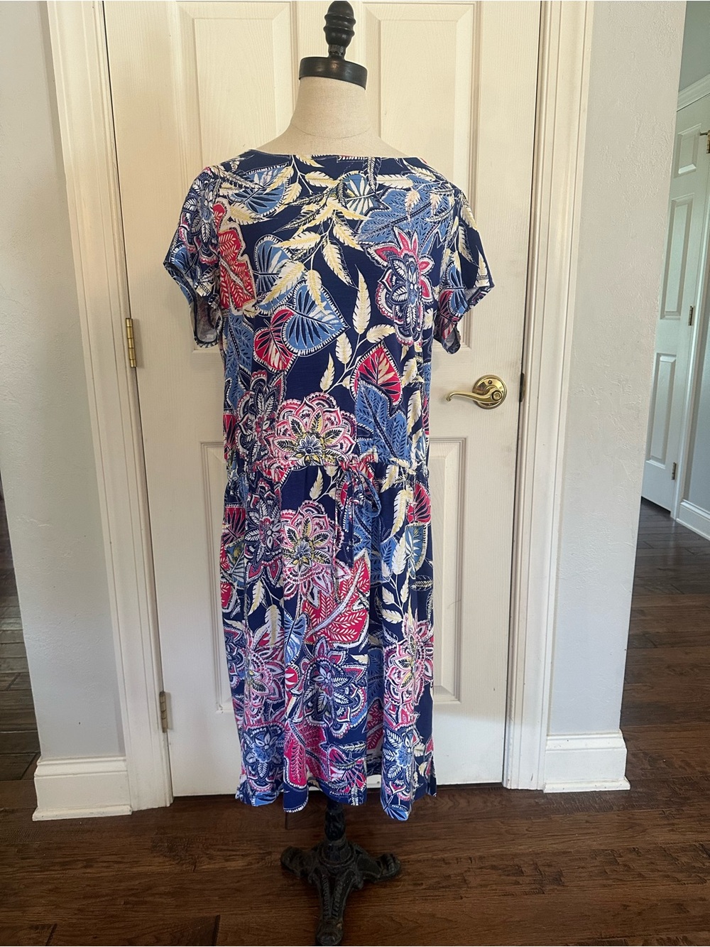 Talbots Navy Dress with Yellow and Pink Floral Accents and Drawstring Waist